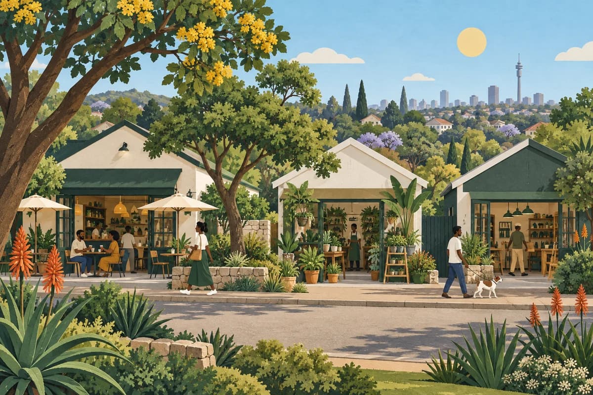 Illustration of leafy neighbourhood shops and people walking